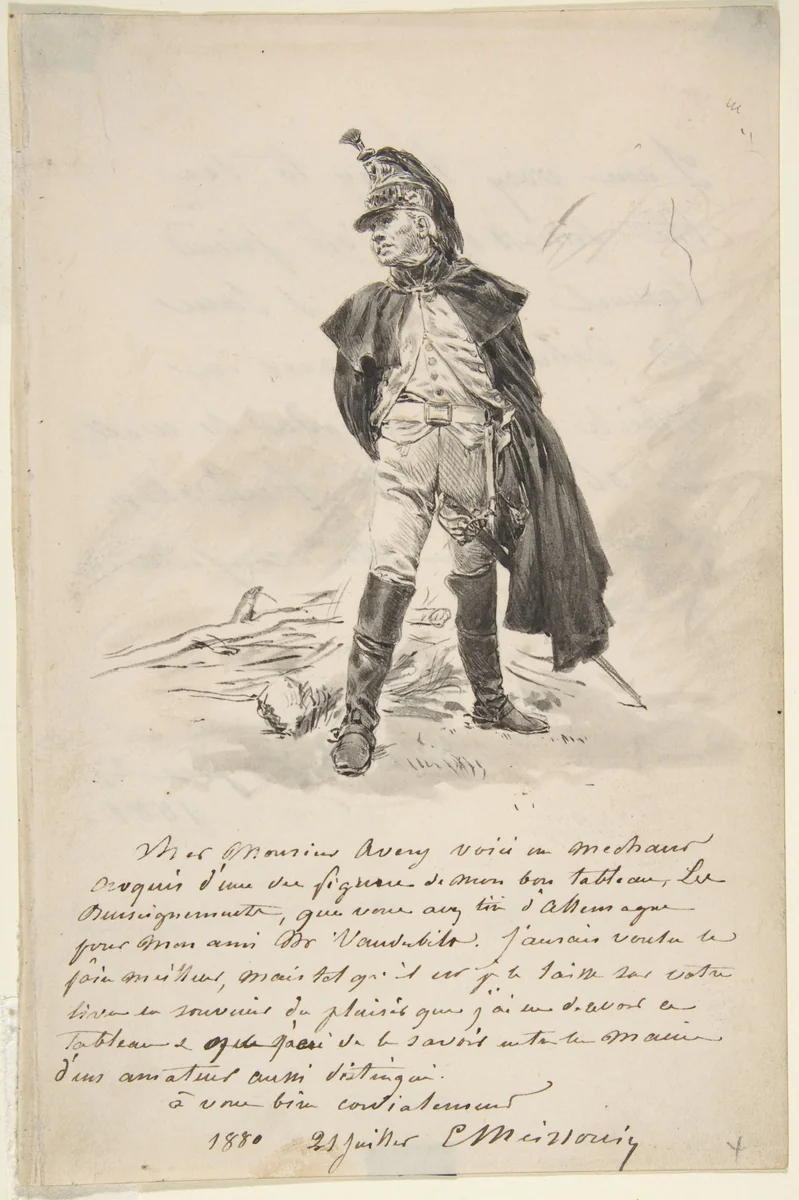 Letter to Samuel P. Avery with a drawing of a military figure by Ernest Meissonier, drawing, 1880