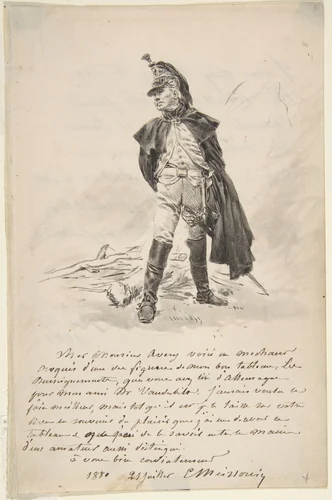 Letter to Samuel P. Avery with a drawing of a military figure by Ernest Meissonier, drawing, 1880