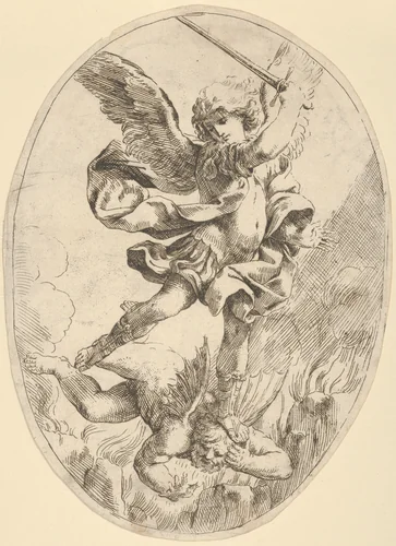 The winged archangel Saint Michael holding a sword and standing on the head of the devil, who descends into hell, an oval composition by anonymous, print, 1600-1640
