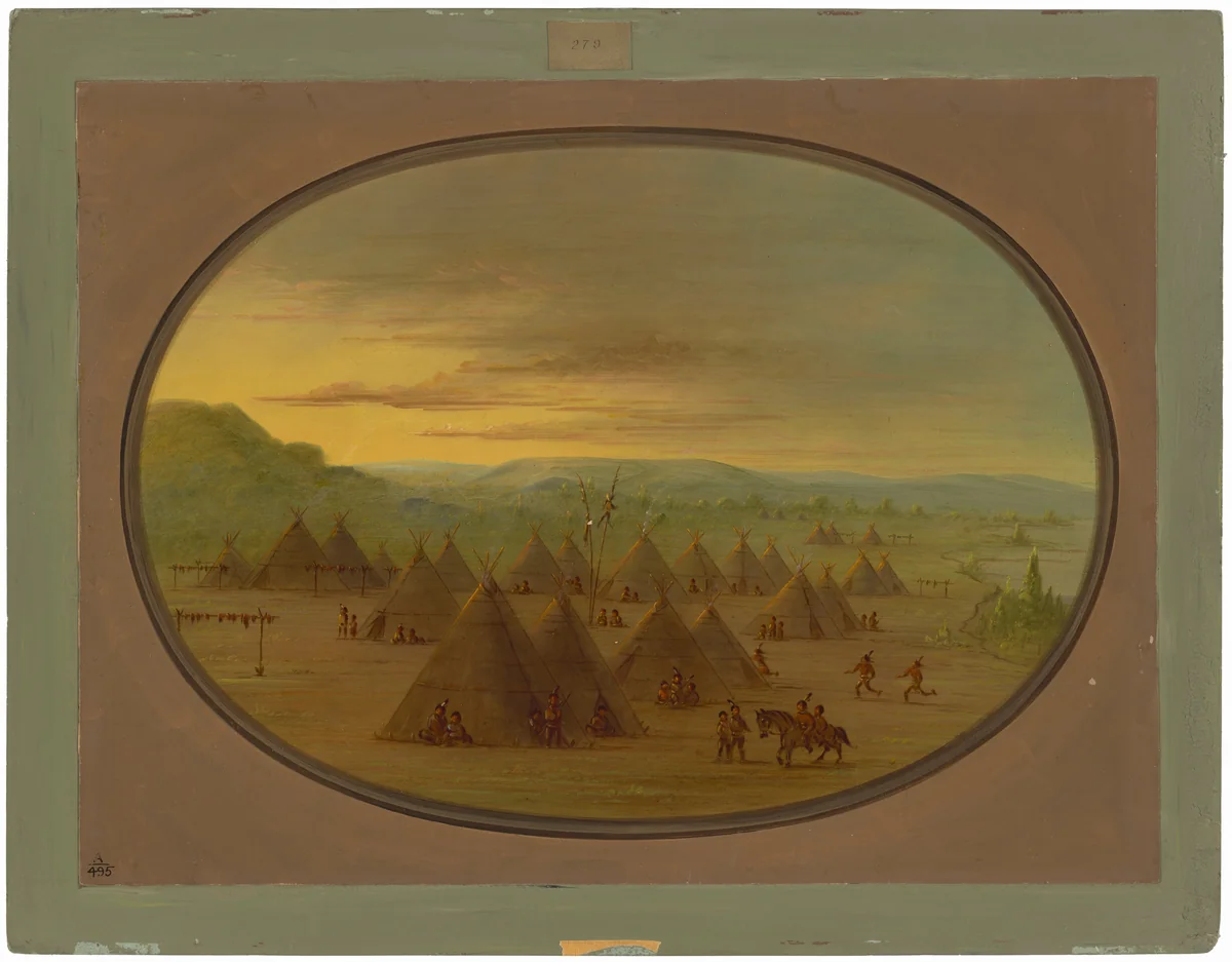 A Crow Village of Skin Tents on the Salmon River by George Catlin, painting, 1855-1869