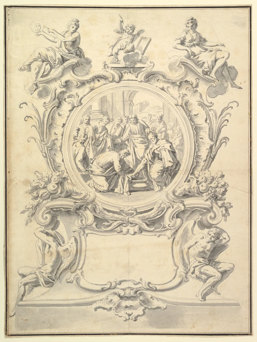 Elaborately Framed Roundel of Christ Washing the Feel of the Apostles by anonymous, drawing, 1800-1810