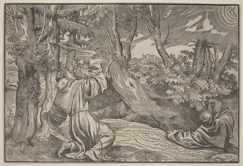 Saint Francis Receiving the Stigmata by Titian, print, 1550