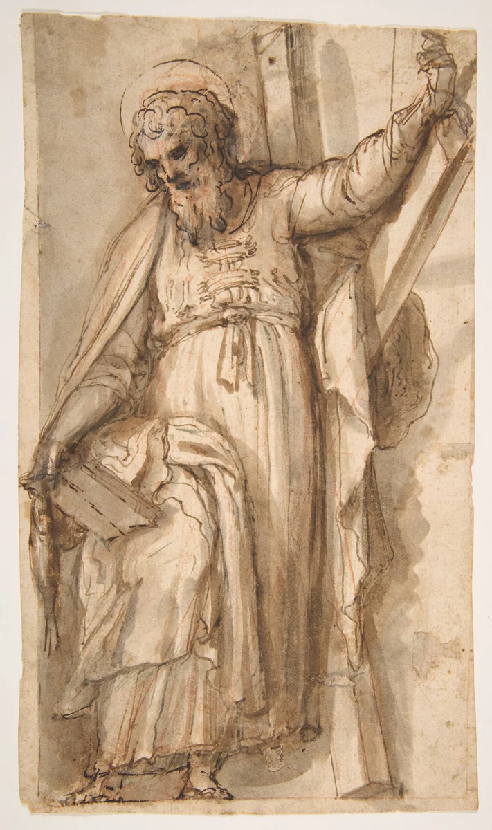 Saint Andrew, Apostle, with Transverse Cross, Book, and Fish, (recto); Architectural sketch (verso) by Fabrizio Santafede, drawing, 1576-1623
