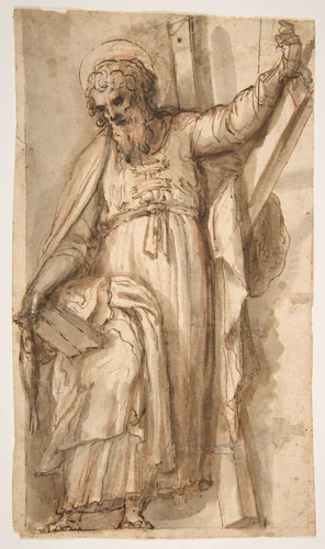 Saint Andrew, Apostle, with Transverse Cross, Book, and Fish, (recto); Architectural sketch (verso) by Fabrizio Santafede, drawing, 1576-1623
