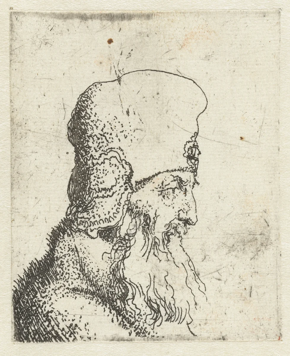 Hoofd van een oude man met baard en een hoge muts by Jan Lievens, print, 1625-1674