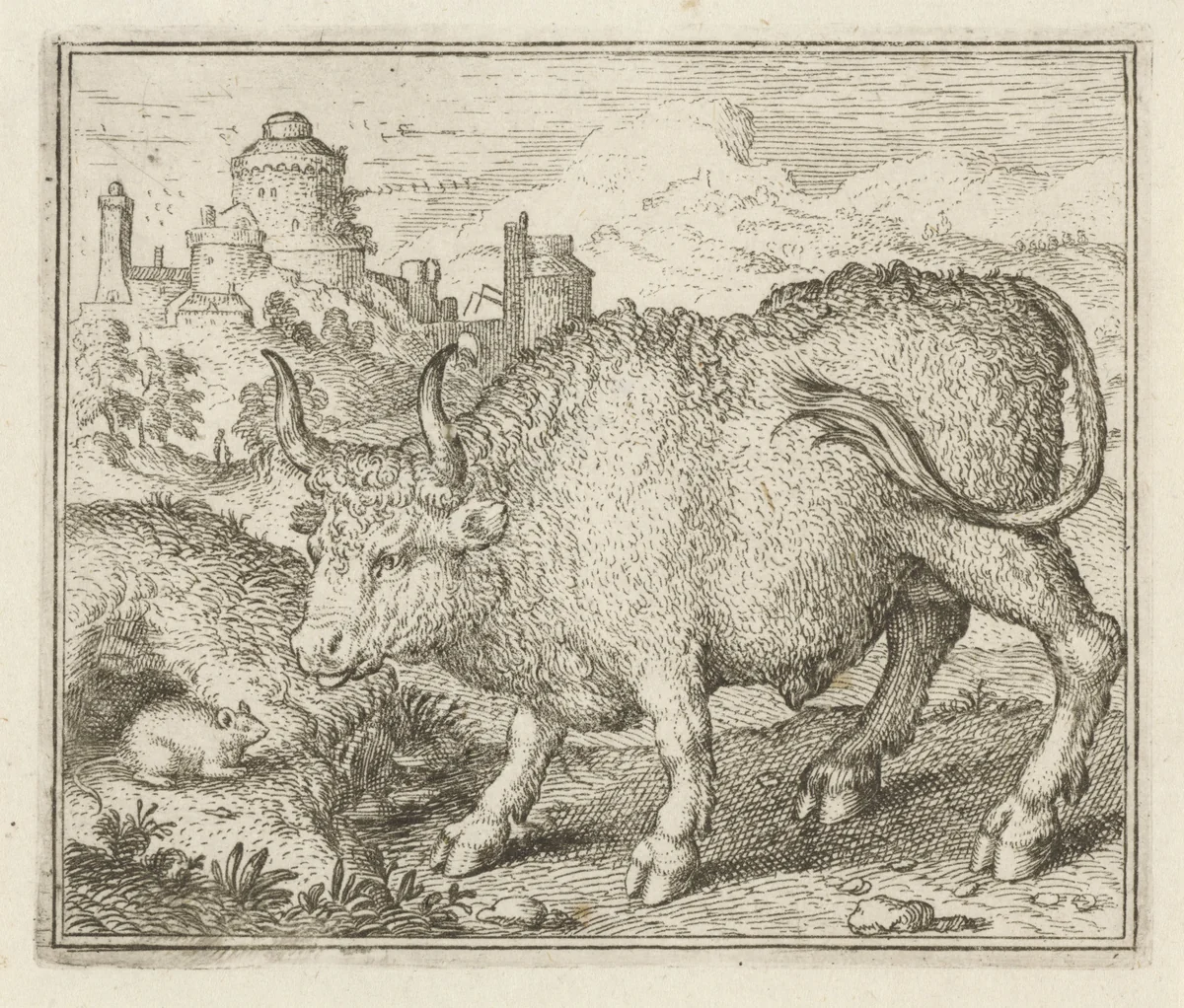 Fabel van de stier en de muis by anonymous, print, 1608-1679