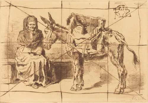 Cacoletière Assise (Seated Woman and Ass) by Félix-Hilaire Buhot, print, 1847-1898