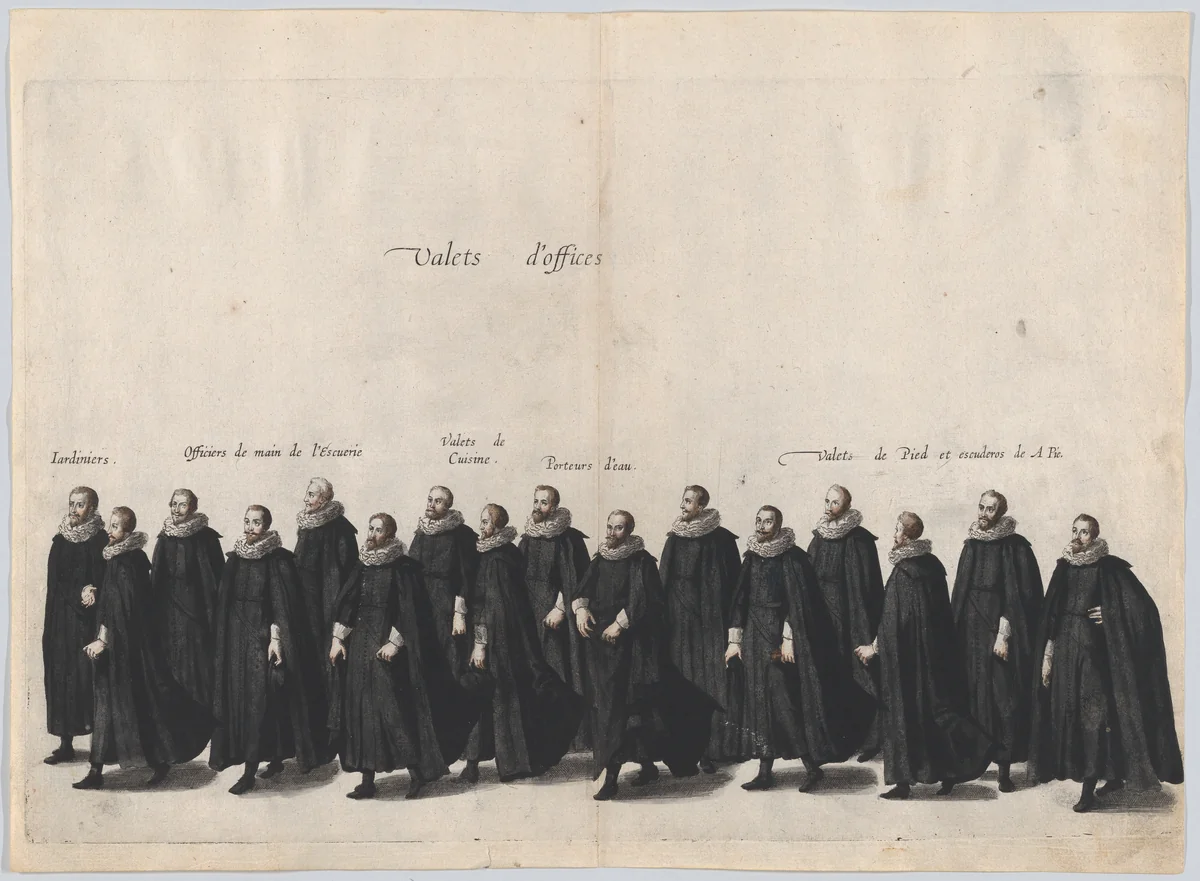 Plate 14: Valets marching in the funeral procession of Archduke Albert of Austria; from 'Pompa Funebris ... Alberti Pii' by Cornelis Galle, print, 1623