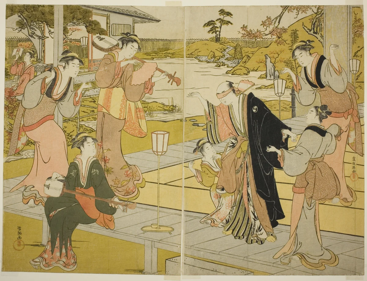 Oboshi Yuranosuke at the Ichiriki Teahouse, from scene VII in the Storehouse of Loyal Retainers by Kubo Shunman (窪俊満), print, 1780-1794