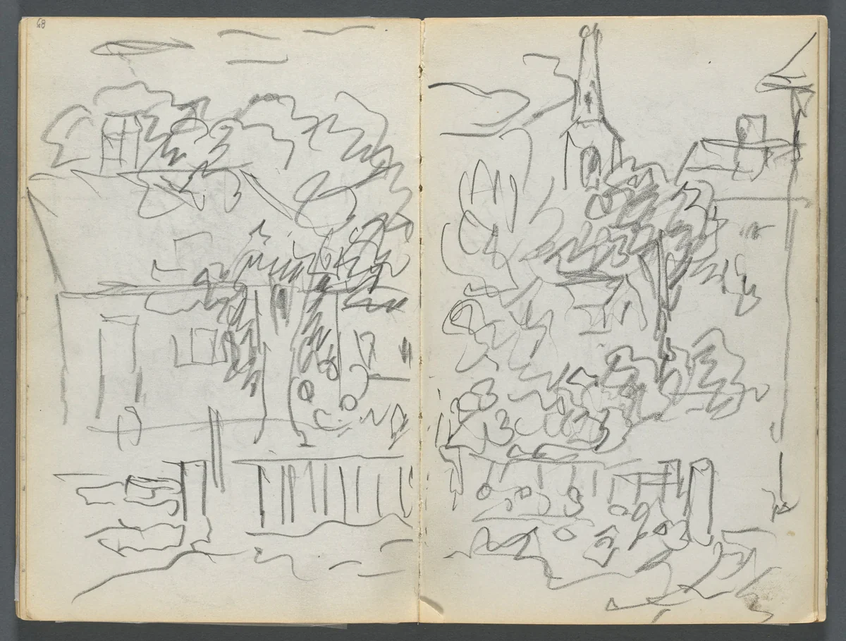 Sketchbook, The Dells, N° 127, page 084 & 85: Landscape with Houses and Spire by Maurice Prendergast, book, 1919-1921
