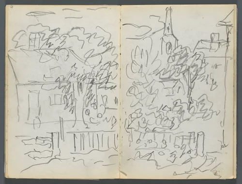 Sketchbook, The Dells, N° 127, page 084 & 85: Landscape with Houses and Spire by Maurice Prendergast, book, 1919-1921
