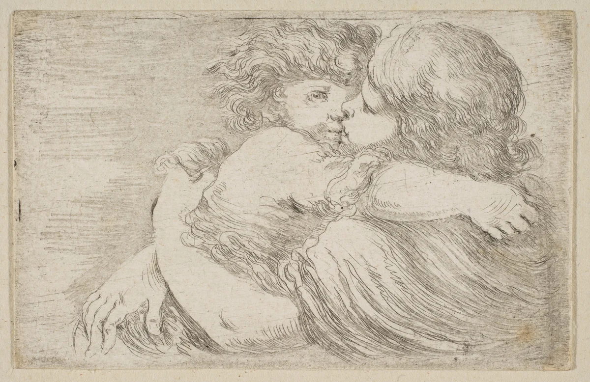 Two Children Embrace by Stefano della Bella, print, 1657-1667