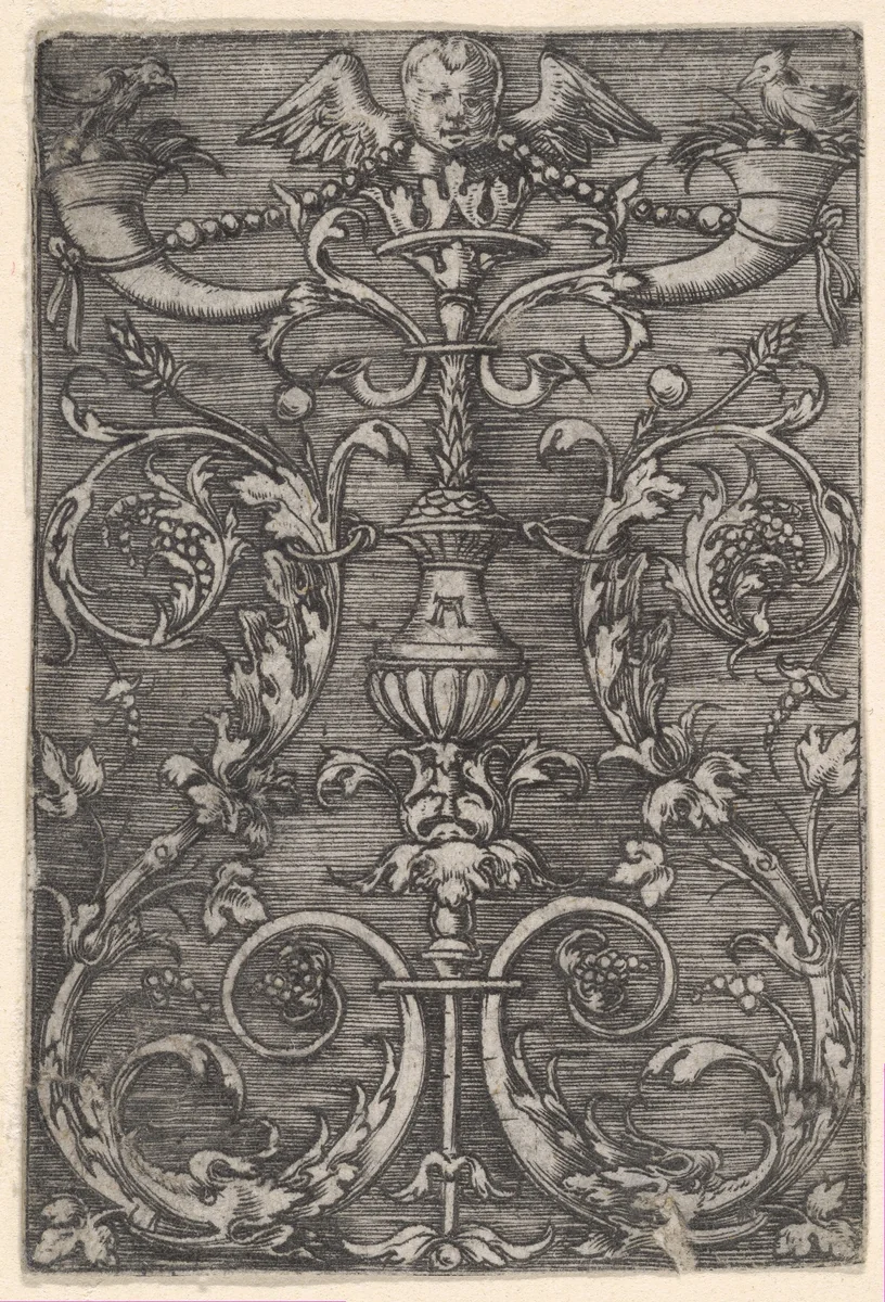 Ornamental Design with an Angels Head at Top by Albrecht Altdorfer, print, 1500-1538
