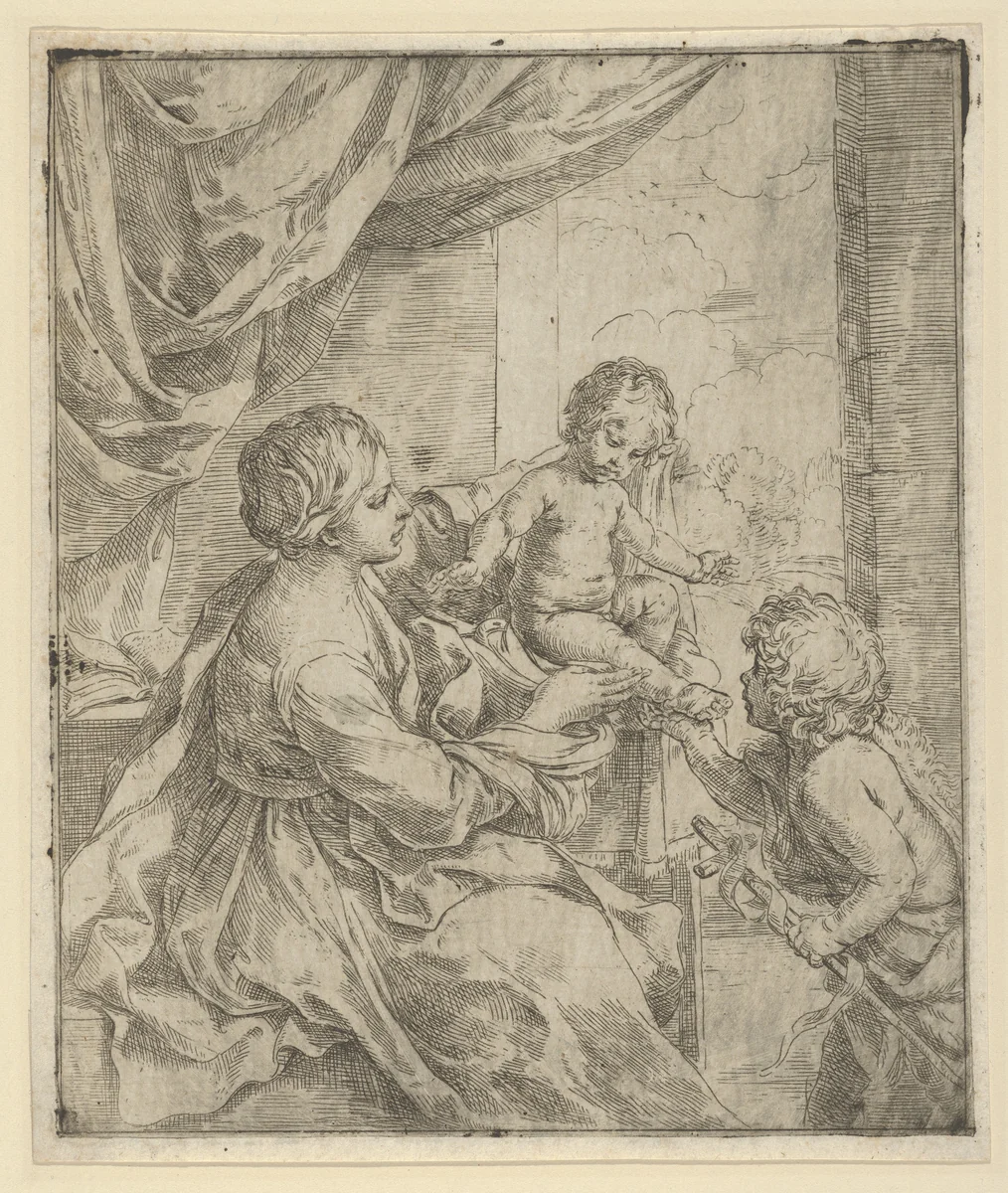 The Virgin and Child at a table with the young John the Baptist by Guido Reni, print, 1595-1645