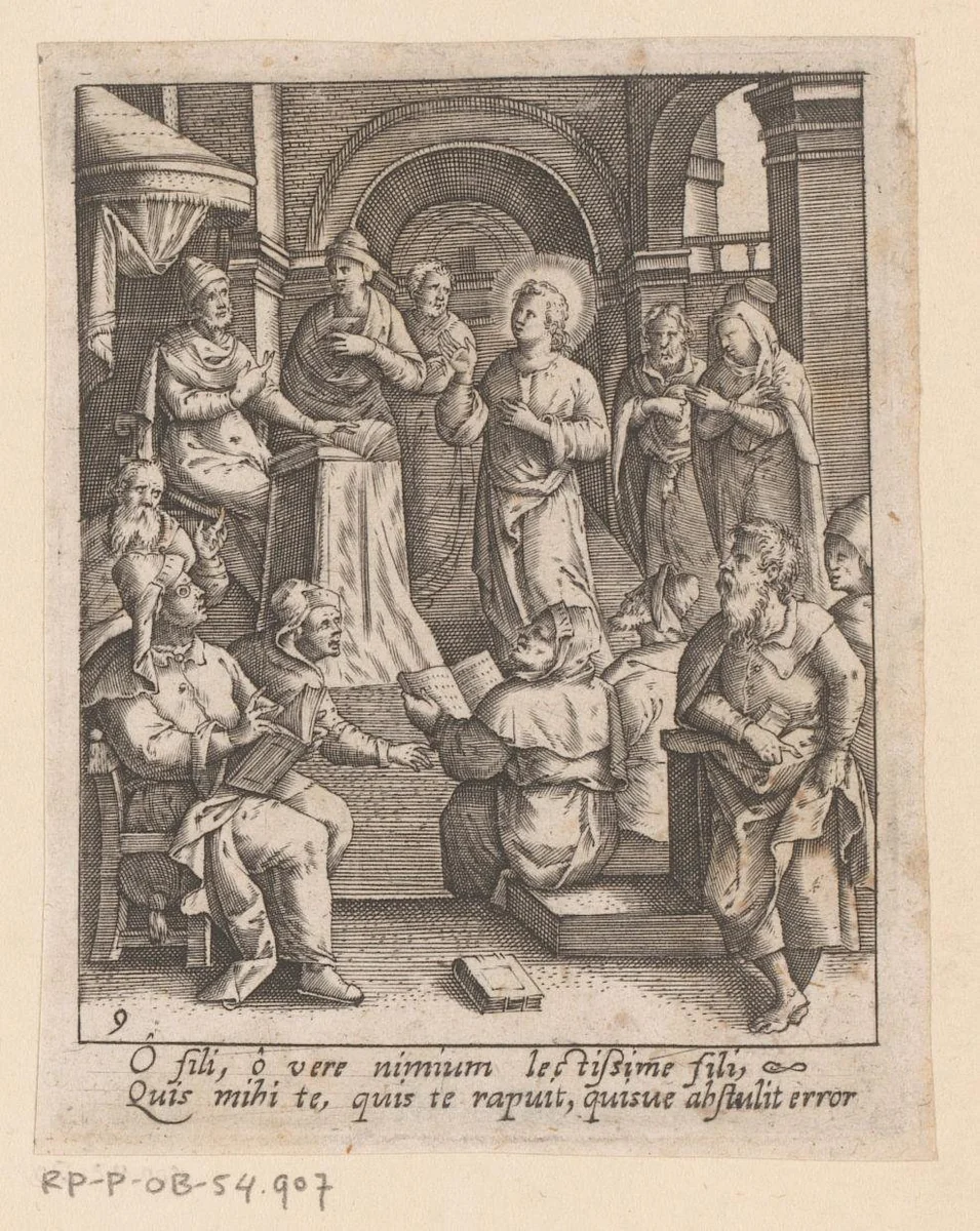 Christus tussen de schriftgeleerden in de tempel by Heinrich Ulrich, print, 1582-1671