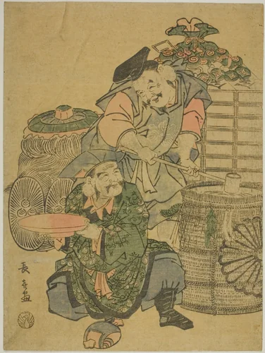 Ebisu and Daikokuten tasting Sake by Eishosai Choki, print, 1603-1867