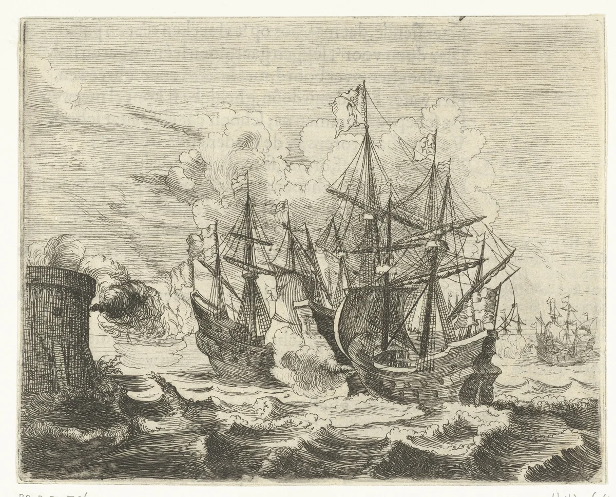 Zeeslag bij Gibraltar op 25 april 1607 by Willem Basse, print, 1632-1634