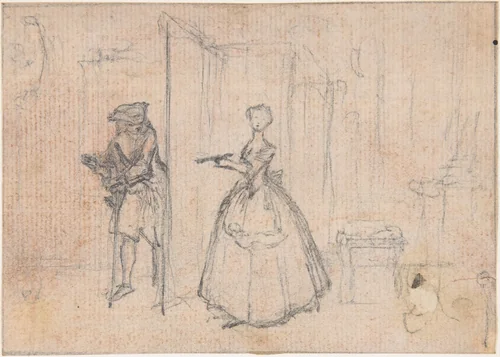 Study for "On Deceiving her Uncle," etched vignette in "Songs in the Opera of Flora" by Hubert François Gravelot, drawing, 1732-1742