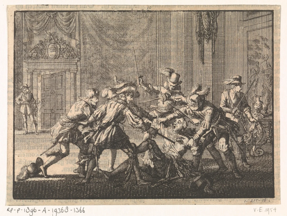 Hertog van Guise in het kasteel te Blois vermoord, 1588 by Jan Luyken, print, 1698