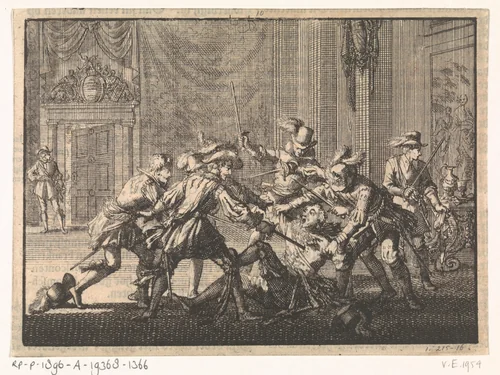 Hertog van Guise in het kasteel te Blois vermoord, 1588 by Jan Luyken, print, 1698