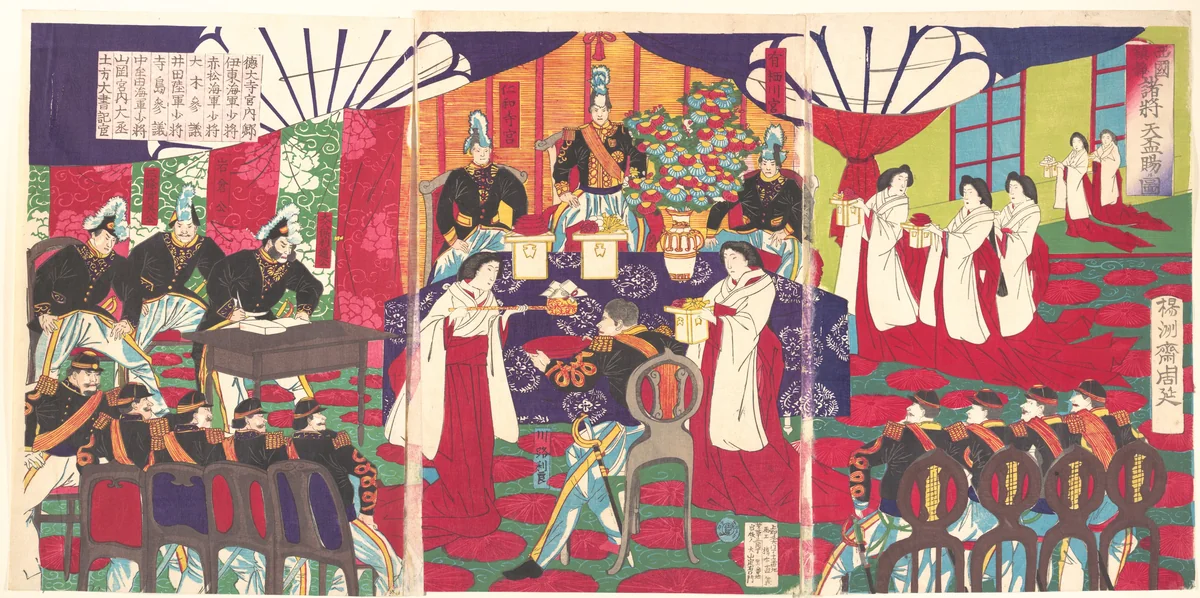 Illustration of the Commanders who Pacified Western Japan, Receiving the Emperor's Gift Cups (Saigoku chinsei shoshō tenpai o tamawaru no zu) by Yōshū Chikanobu (楊洲周延), print, 1887