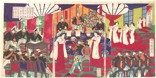 Illustration of the Commanders who Pacified Western Japan, Receiving the Emperor's Gift Cups (Saigoku chinsei shoshō tenpai o tamawaru no zu) by Yōshū Chikanobu (楊洲周延), print, 1887