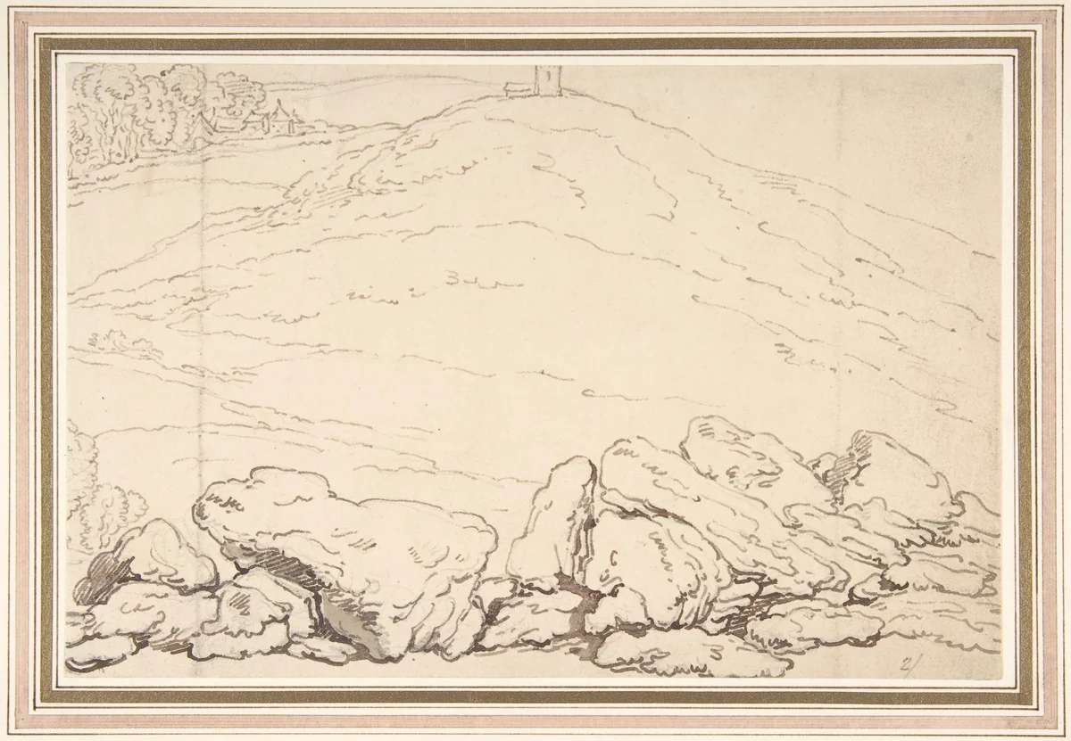 Hilly landscape with rocks by Thomas Rowlandson, drawing, 1780-1827