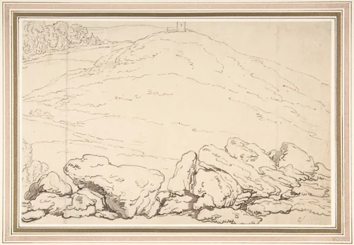 Hilly landscape with rocks by Thomas Rowlandson, drawing, 1780-1827