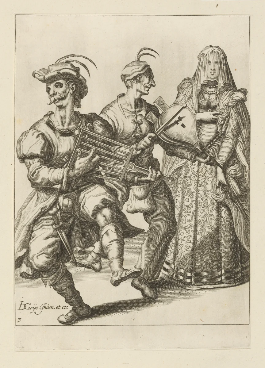 A Veiled Woman with Two Musicians, plate 3 from "The Masquerades" by Jacques de Gheyn II, print, 1595-1596