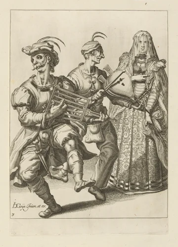A Veiled Woman with Two Musicians, plate 3 from "The Masquerades" by Jacques de Gheyn II, print, 1595-1596