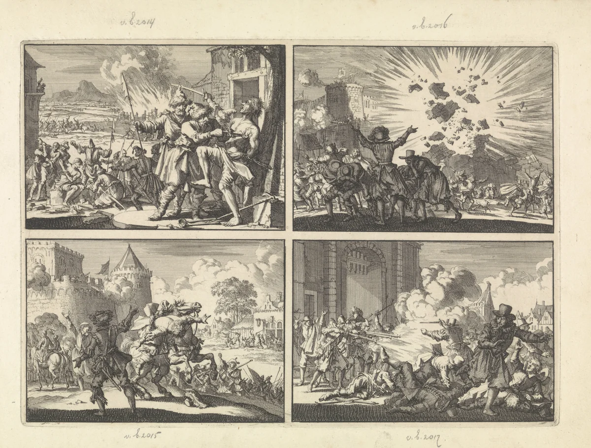 Wreedheden tegen de bevolking in Neder-Oostenrijk begaan door Poolse kozakken in dienst van de keizer, 1620 / Castel Nuovo te Napels explodeert gedeeltelijk tijdens de feestviering ter herinnering aan de overwinning van de keizer te Nordlingen, 1636 / Keizerlijk bevelhebber Dampier valt van zijn paard na een schot vanaf de muren van Presburg (Bratislava), 1620 / Oproer in Rotterdam naar aanleiding van het gevangennemen van een remonstrantse predikant, 1621 by Jan Luyken, print, 1698