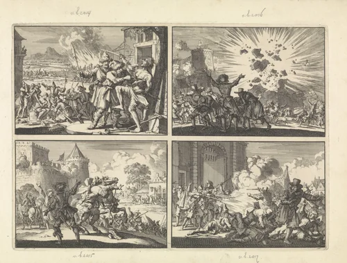 Wreedheden tegen de bevolking in Neder-Oostenrijk begaan door Poolse kozakken in dienst van de keizer, 1620 / Castel Nuovo te Napels explodeert gedeeltelijk tijdens de feestviering ter herinnering aan de overwinning van de keizer te Nordlingen, 1636 / Keizerlijk bevelhebber Dampier valt van zijn paard na een schot vanaf de muren van Presburg (Bratislava), 1620 / Oproer in Rotterdam naar aanleiding van het gevangennemen van een remonstrantse predikant, 1621 by Jan Luyken, print, 1698