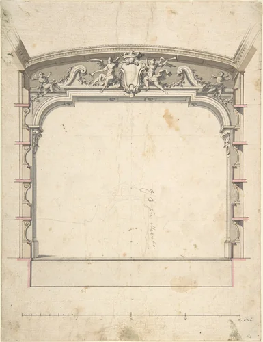 Design for the Proscenium Arch of a Theatre with Two Trumpeting Angels Holding a Cartouche by anonymous, drawing, 1700-1780