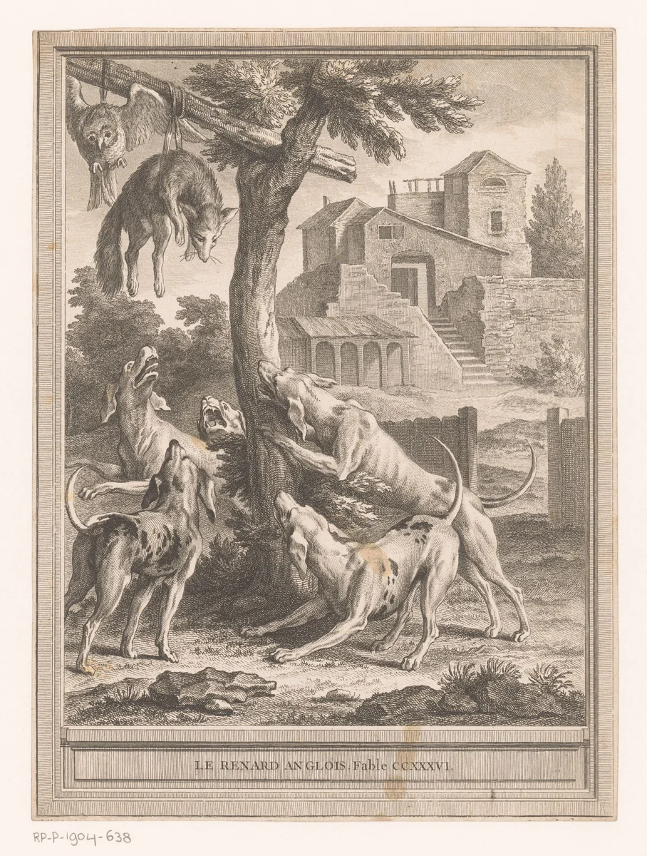 Vijf honden springen naar een in een boom opgehangen uil en vos by Louis Claude Legrand, print, 1755-1759
