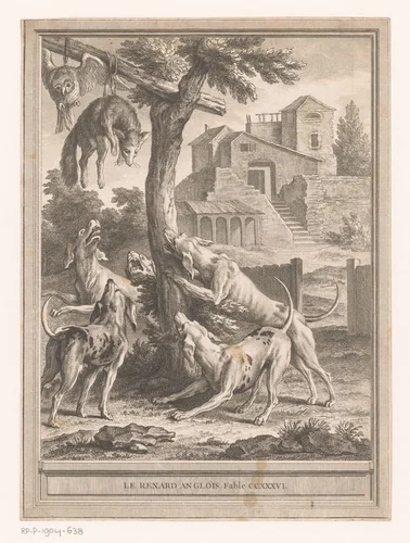 Vijf honden springen naar een in een boom opgehangen uil en vos by Louis Claude Legrand, print, 1755-1759