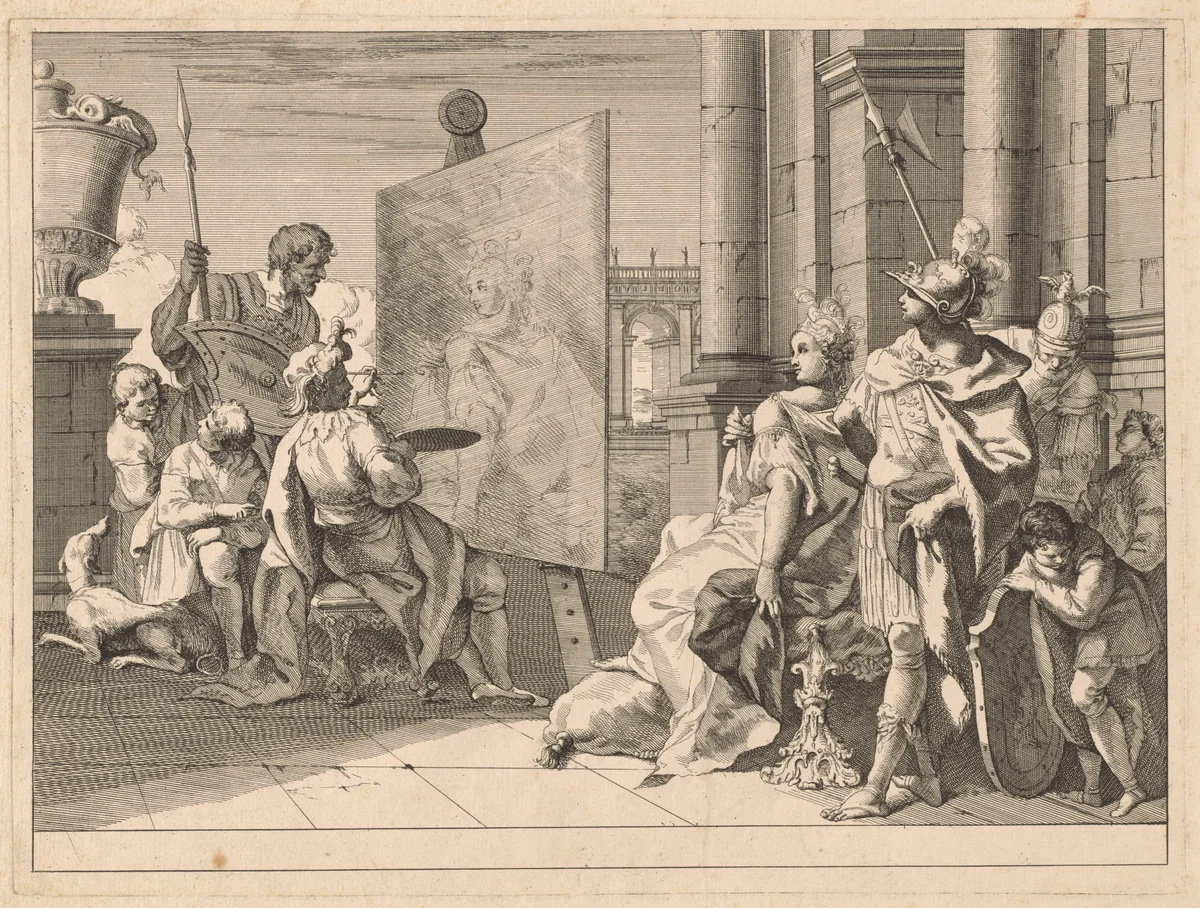 Alexander the Great and Campaspe in the Studio of Apelles by Francesco Fontebasso, print, 1744