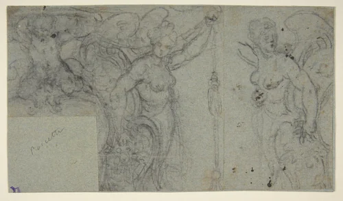 Design with Two Winged Female Figures and a Putto by Bernardino Poccetti, drawing, 1548-1612
