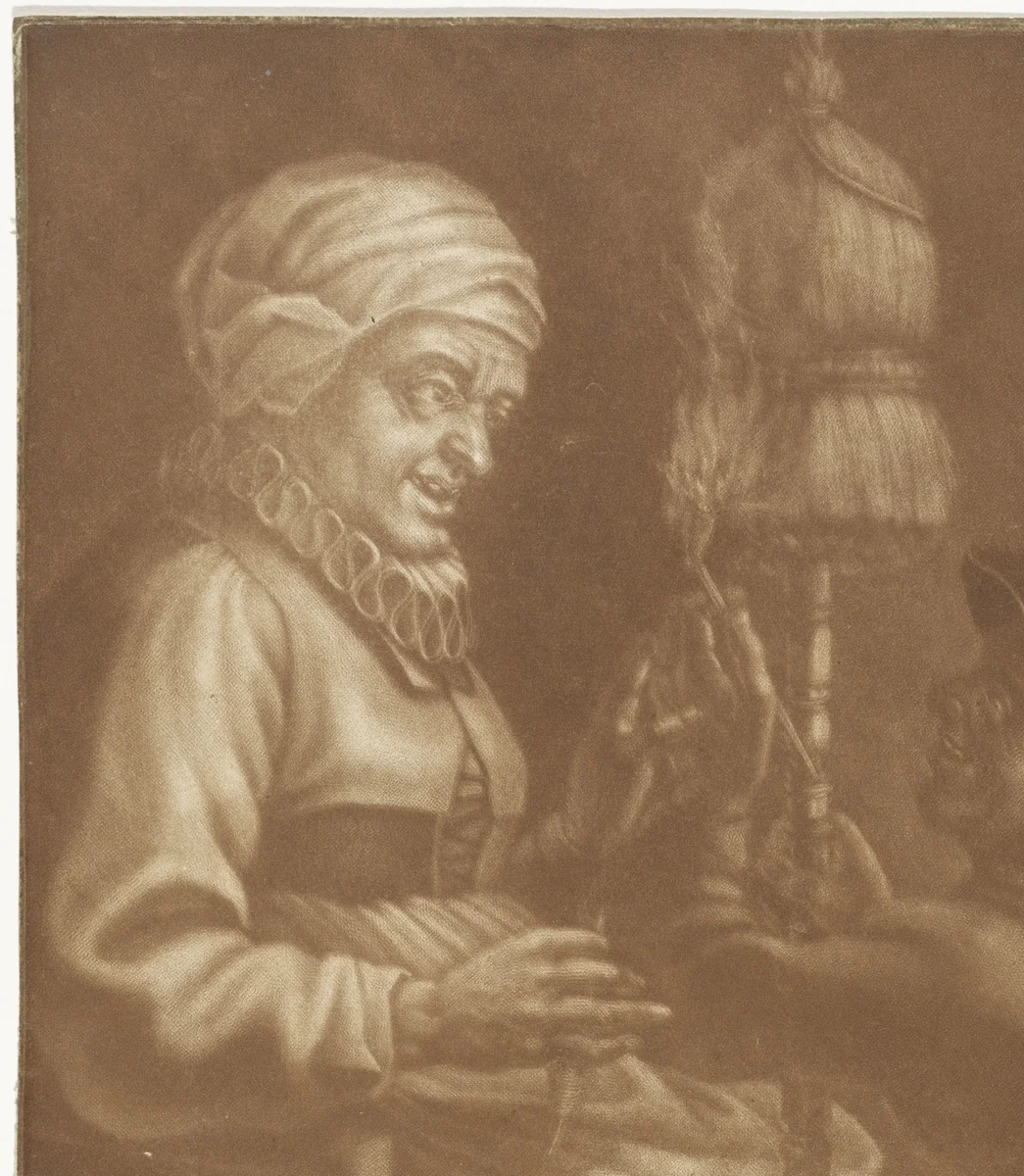 Oude vrouw met een spinrokken by anonymous, print, 1650-1800