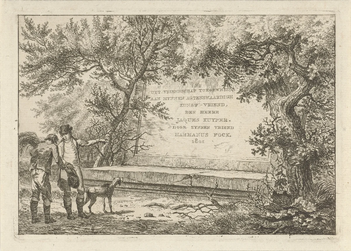 Twee mannen bij stenen cartouche by Hermanus Fock, print, 1801