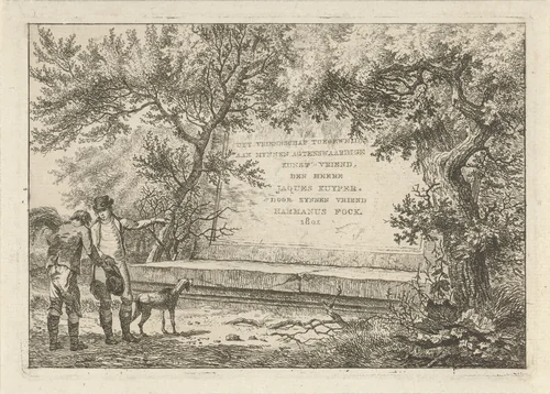 Twee mannen bij stenen cartouche by Hermanus Fock, print, 1801
