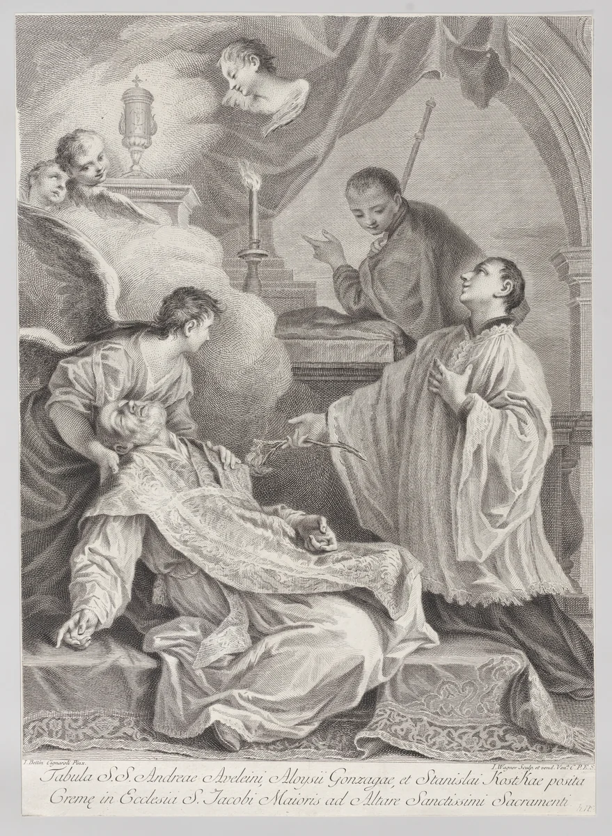 The Death of Saint Andrea Avellino in the presence of Saint Aloysius Gonzaga and Saint Stanislaus Kostka by Joseph Wagner, print, 1725-1780