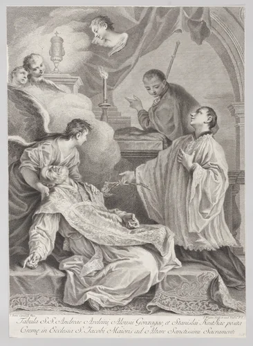 The Death of Saint Andrea Avellino in the presence of Saint Aloysius Gonzaga and Saint Stanislaus Kostka by Joseph Wagner, print, 1725-1780