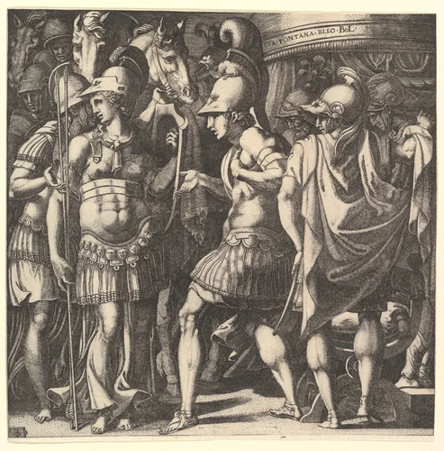 Alexander welcoming Thalestris and the Amazons by Master FG, print, 1520-1580