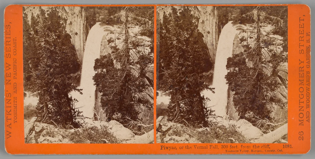 Piwyac, or the Vernal Fall, 300 feet from the cliff, Yosemite Valley, Mariposa County, Cal., No. 1081 from the series "Watkins' New Series" by Carleton Watkins, photograph, 1878-1881