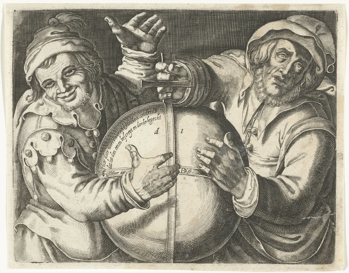 De filosofen Herakliet en Demokriet met een wereldbol by Unknown, print, 1589-1626