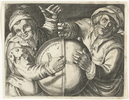 De filosofen Herakliet en Demokriet met een wereldbol by Unknown, print, 1589-1626