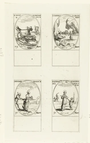 Heilige Jonas en Heilige Barachisius van Perzië, Heilige Johannes Climacus, Heilige Benjamin van Koerdistan, Heilige Quirinus van Neuss en Heilige Balbina van Rome (29-31 maart) by Jacques Callot, print, 1632-1636