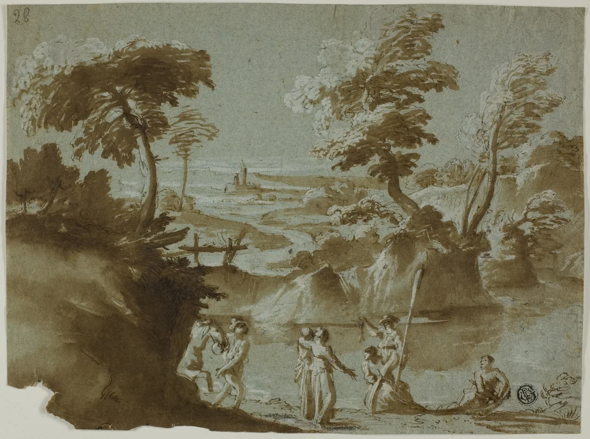 River Landscape with Boating Party by Alessio de Marchis, drawing, 1700-1799