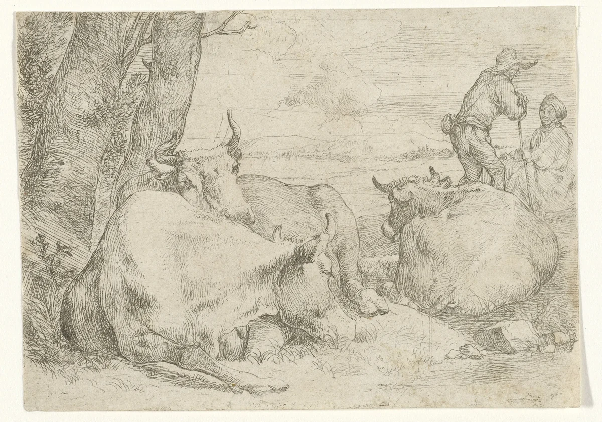 Drie koeien en twee herders by Jan van Ossenbeeck, print, 1647-1674