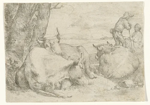 Drie koeien en twee herders by Jan van Ossenbeeck, print, 1647-1674
